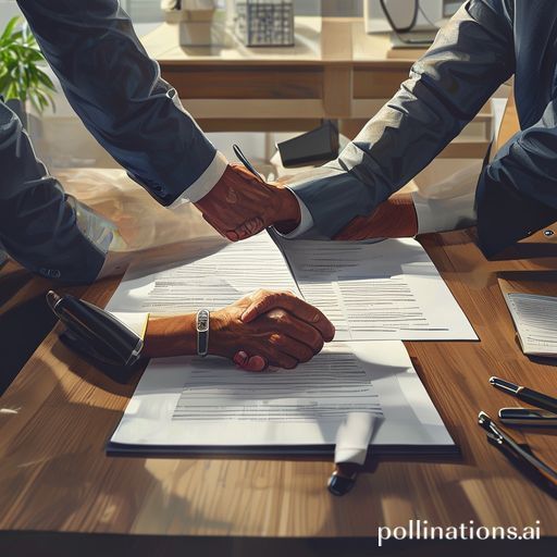 Detailed illustration of two business professionals shaking hands over a signed contract on a modern office desk, with legal documents and pens, natural light, professional and trustworthy atmosphere, cinematic, high detail, 8k quality, photorealistic