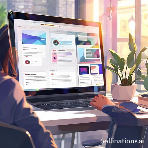 A detailed illustration of a professional business website interface displayed on a laptop screen, with various features like contact forms, live chat bubbles, and clear call-to-action buttons. The background shows a modern, bright office environment with natural light streaming in, a stylish desk with a plant, and a blurred person working in the distance. The overall mood is sophisticated, efficient, and user-friendly, with vibrant colors and crisp details, 8k quality, photorealistic.