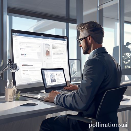 A professional businessman in a modern office looking at a laptop with a website development interface, showing a clear, step-by-step guide (Panduan) on the screen. The office is sleek with natural light, showing focus and determination. The style is ultra realistic, highly detailed, 8k quality, photorealistic, cinematic atmosphere.
