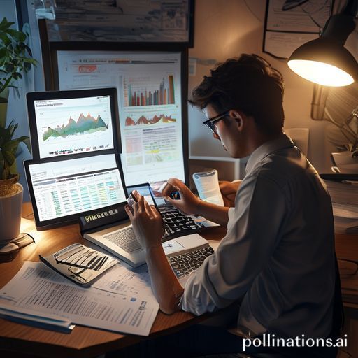 A person diligently managing their finances, looking at a laptop with charts and graphs, holding a calculator, surrounded by financial documents and a cup of coffee on a neat desk. The mood is focused and organized, with soft ambient lighting, cinematic, ultra realistic, highly detailed, 8k quality, photorealistic, Panduan keuangan, financial guidance, smart money management