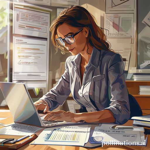 A detailed illustration of a business owner, a woman in her 30s, looking confidently at a laptop screen, surrounded by various official documents and a pen, with a blurred background showing a modern office setting. The documents include business licenses, tax forms, and a certificate, all neatly organized on a wooden desk. The woman is wearing smart casual attire, and there's a warm, professional light illuminating the scene. The overall mood is one of accomplishment and clarity, with a focus on the legal aspects of running a business. Highly detailed, realistic, corporate style, natural lighting, 8k quality, photorealistic.