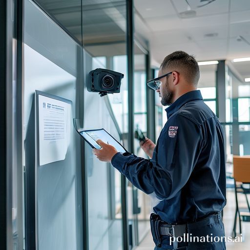 A professional CCTV technician conducting an on-site survey at a modern office building, holding a tablet and pointing to a strategic camera placement on a wall. The technician is wearing a branded uniform. The office interior is sleek with glass partitions and natural light. Focus on the technician's interaction with the environment, cinematic lighting, ultra realistic, highly detailed, 8k quality, photorealistic