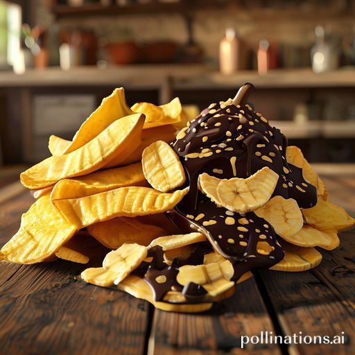 A close-up shot of two distinct piles of banana chips, one pile golden and plain (Vodink's Original), and the other pile covered in melted dark chocolate (Vodink's Coklat Lumer), beautifully arranged on a rustic wooden board. The lighting is soft and warm, highlighting the textures and colors of the snacks, with a blurred background of a cozy kitchen setting, ultra realistic, highly detailed, 8k quality, photorealistic