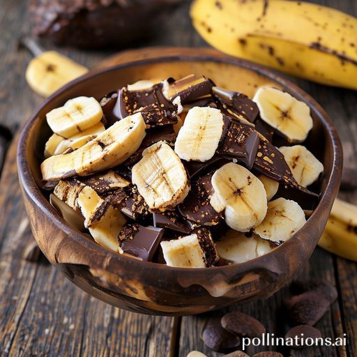 A beautifully arranged bowl of Keripik Pisang Coklat Lumer Vodink, showing golden-brown banana chips generously coated with glossy, melted dark chocolate. The chips are stacked artfully, with some chocolate drips visible, on a rustic wooden table. A few whole bananas and cocoa beans are subtly blurred in the background, suggesting natural ingredients. Warm, inviting lighting, high-resolution, gourmet food photography style, inviting, delicious, natural colors.