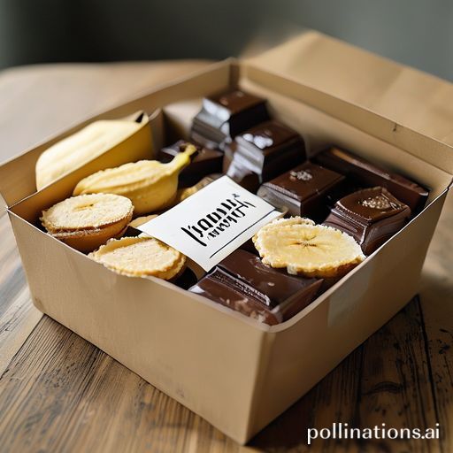 A close-up shot of a neatly packed delivery box from Vodink, showing a stack of banana chip bags and a container of melted chocolate, with a shipping label clearly visible, on a clean wooden table, soft studio lighting, high detail, food photography style.