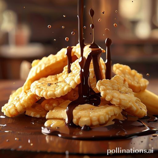 A close-up, highly detailed shot of crispy banana chips being dipped into a rich, melted dark chocolate sauce, creating a luscious drip. The background is softly blurred, suggesting a cozy, warm-lit cafe or home setting, with a focus on the inviting textures and appealing colors. The mood is indulgent and comforting, ultra realistic, highly detailed, 8k quality, photorealistic