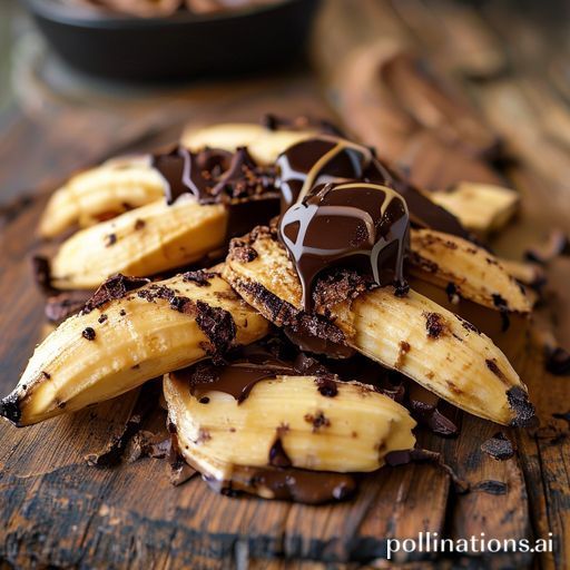 A close-up shot of crispy banana keripik generously coated with rich, melted dark chocolate, beautifully arranged on a rustic wooden board. The chocolate shows a glossy sheen, and some pieces have slight imperfections, highlighting their artisanal quality. The background is softly blurred, suggesting a cozy cafe or a local market stall in Surabaya, with warm lighting and a inviting atmosphere. Ultra realistic, highly detailed, food photography style.