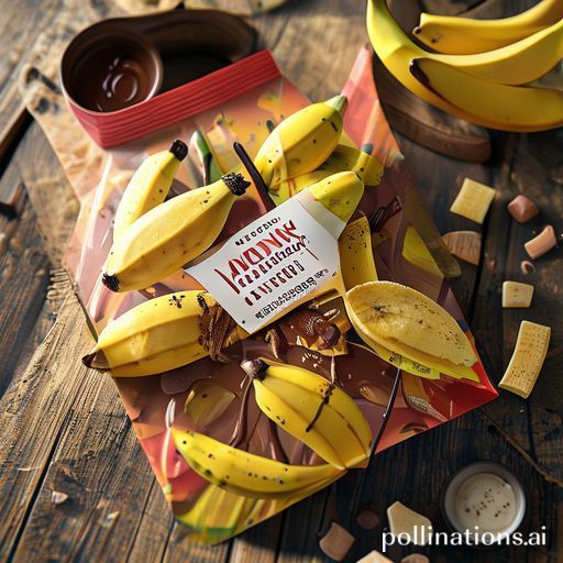 A beautifully designed package of Vodink banana chips with melted chocolate, showcasing the product clearly through a transparent window. The packaging is vibrant with warm colors, featuring stylized bananas and dripping chocolate. It's placed on a rustic wooden table with a few loose banana chips and a small bowl of melted chocolate in the background, soft natural lighting, high-angle shot, inviting and delicious mood, ultra realistic, highly detailed, 8k quality, photorealistic, with alt text: Kemasan Vodink yang menarik dan informatif, memberikan gambaran lengkap tentang produk.