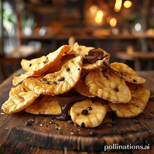 A close-up shot of crispy banana chips generously coated with melted, rich dark chocolate, artfully arranged on a rustic wooden board, with a blurred background of a cozy cafe setting in Surabaya, warm lighting, inviting atmosphere, ultra realistic, highly detailed, 8k quality, photorealistic