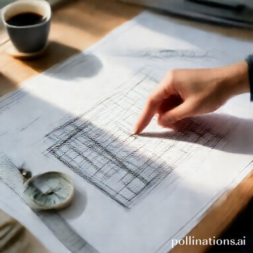 Architectural blueprint with a compass and ruler on a drafting table, sunlight streaming in, a hand pointing to a specific section of the plan, a coffee cup nearby, modern and detailed, high-angle shot, professional atmosphere, clear lines, natural light, 8k quality, photorealistic