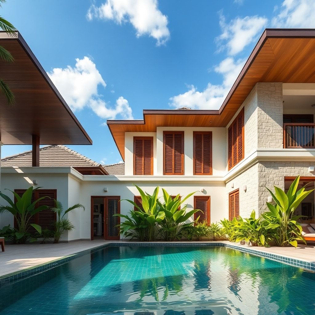 A modern tropical house exterior in Surabaya, featuring large overhanging roofs, wooden louvers on windows, lush green plants, and a swimming pool reflecting the bright blue sky. The house has light-colored walls and natural stone accents, with sunlight filtering through the architectural elements, creating a sense of coolness and openness. The mood is serene and luxurious, highly detailed, 8k quality, photorealistic.