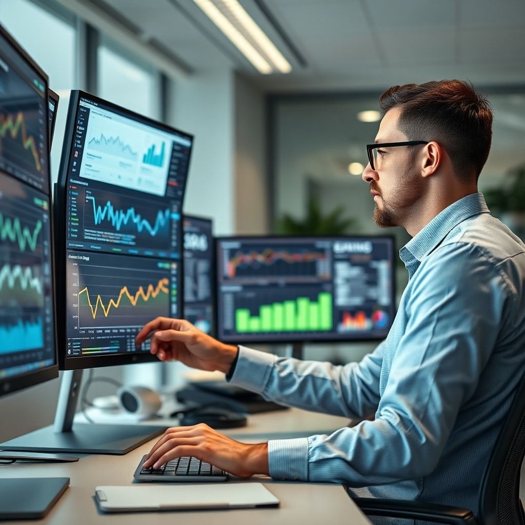 A professional SEO specialist meticulously analyzing website analytics and keyword data on multiple screens in a modern, well-lit office. The atmosphere is focused and analytical, with charts, graphs, and search engine results visible, showcasing data-driven decision-making, high-tech, cinematic, ultra realistic, highly detailed, 8k quality, photorealistic