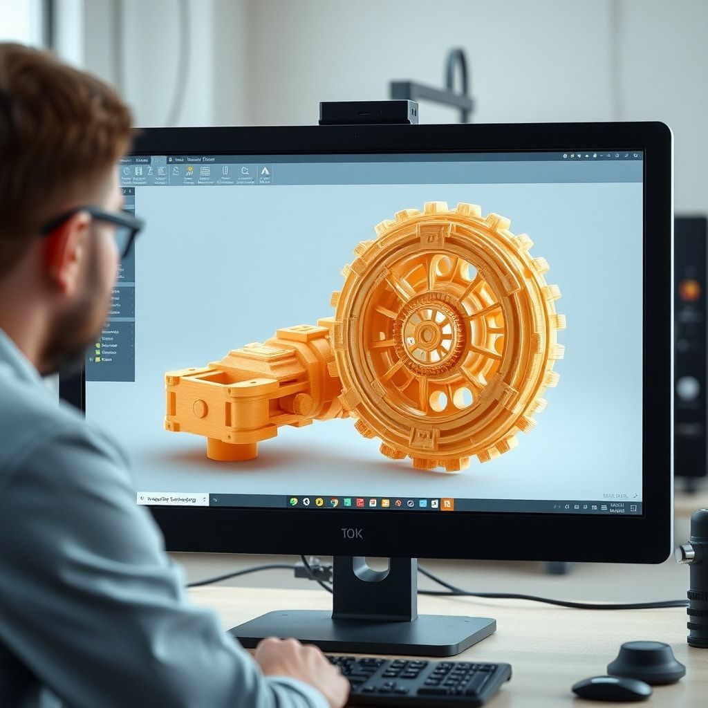 A detailed 3D model of a complex mechanical part being rendered on a computer screen, with a rapid prototyping machine (like a 3D printer or CNC mill) working in the background, showing a physical prototype taking shape. The scene is set in a modern product design studio with natural light, a focused designer, and engineering tools, conveying precision and innovation, cinematic atmosphere, ultra realistic, highly detailed, 8k quality, photorealistic