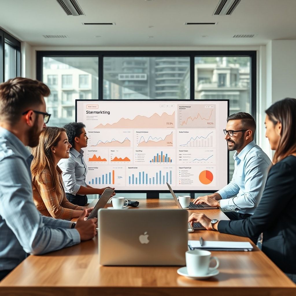 A diverse group of business professionals in a modern, sunlit office discussing digital marketing strategies around a large interactive screen displaying website traffic analytics and conversion funnels. The atmosphere is collaborative and innovative, with laptops open and coffee cups on the table. The overall mood is forward-thinking and analytical, with a focus on data-driven decision-making. Cinematic lighting, ultra realistic, highly detailed, 8k quality, photorealistic, business strategy meeting