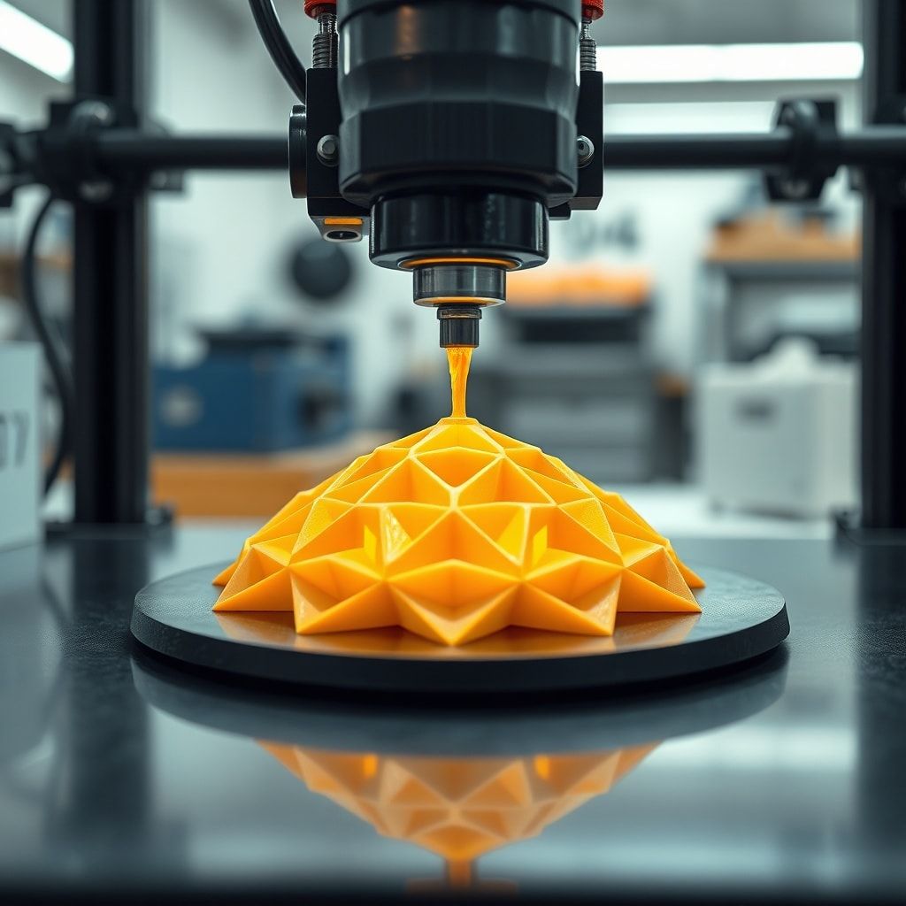 A close-up shot of a 3D printer nozzle extruding molten plastic onto a build plate, forming a complex geometric shape. The surrounding environment is a clean, modern workshop with subtle lighting. The image should convey precision and the high-tech nature of 3D printing, with a focus on the intricate layers being built. Ultra realistic, highly detailed, 8k quality, photorealistic