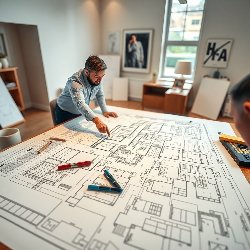 A detailed architectural blueprint spread out on a large table, with a designer and a client pointing at specific areas. The room is brightly lit, showcasing design tools and sketches. Focus on the intricate details of the Hal design elements, conveying precision and collaboration. Warm, professional atmosphere, highly detailed, photorealistic.