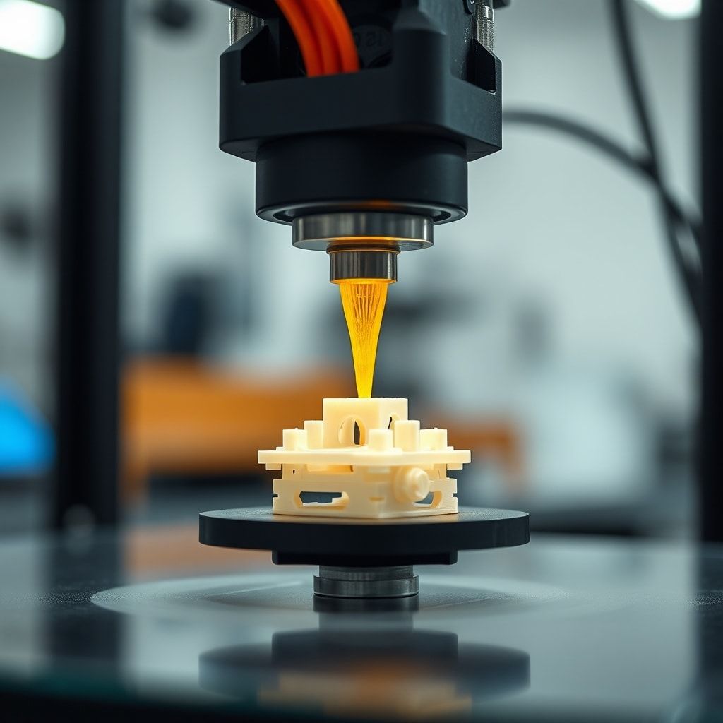 A close-up shot of a 3D printer nozzle extruding molten plastic filament layer by layer to build a complex prototype, with a focus on precision and the intricate details emerging. The prototype is a small, functional mechanical part, perhaps for a drone or a medical device. The background is a clean, modern workshop with subtle lighting, emphasizing the technical process and innovative spirit. Ultra realistic, highly detailed, cinematic atmosphere, 8k quality, photorealistic, Jasa Print Prototipe
