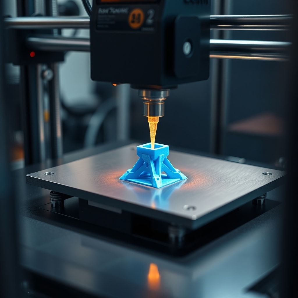 A close-up shot of a 3D printer nozzle extruding molten plastic layer by layer onto a build plate, forming a complex functional prototype part. The printer is modern and sleek, with ambient studio lighting, highlighting the precision and intricate details of the printing process. The material being printed is a vibrant blue, contrasting with the metallic printer components. Ultra-realistic, highly detailed, 8k quality, photorealistic, industrial setting.