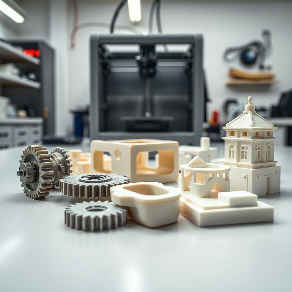 A close-up, highly detailed shot of various 3D printed prototypes laid out on a clean workbench in a modern engineering lab. The prototypes include a complex mechanical gear assembly, a sleek ergonomic gadget casing, and a miniature architectural model, showcasing different materials and finishes. Soft, diffused studio lighting highlights the intricate details and smooth surfaces of the prototypes. In the background, a 3D printer is visible, ready for the next job. The overall mood is innovative, precise, and forward-thinking, emphasizing the quality and versatility of Jasa Print Prototipe services. Ultra realistic, highly detailed, 8k quality, photorealistic.