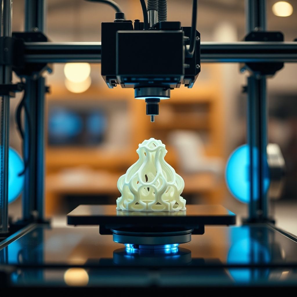 A close-up shot of a 3D printer in action, meticulously building a complex product prototype layer by layer, with glowing blue lights, focus on the nozzle and the emerging object, blurred background of a modern design studio, high-tech, futuristic, detailed, cinematic, warm lighting, ultra realistic, 8k quality, photorealistic