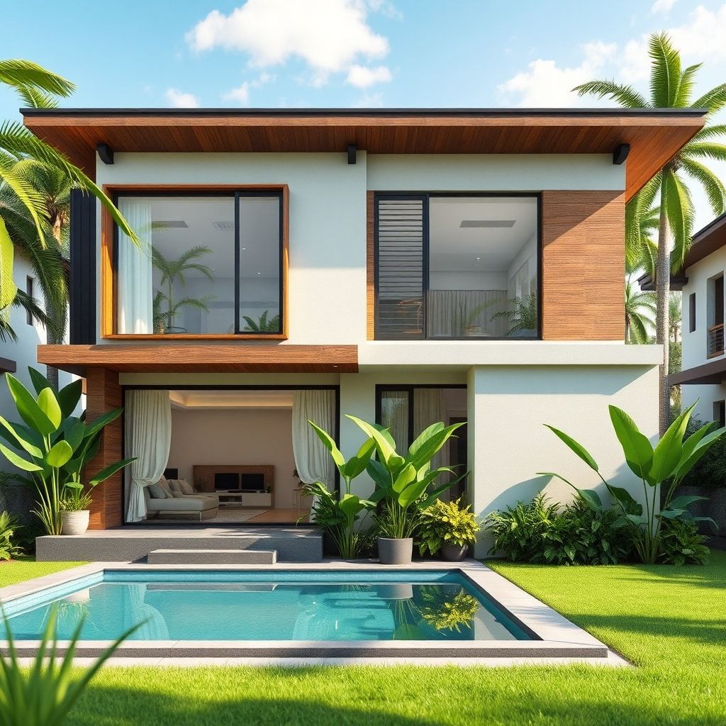 modern tropical house exterior in Surabaya, featuring large windows, natural wood accents, lush green plants, a small swimming pool, and a bright, sunny atmosphere, showing a blend of contemporary design with local climate considerations, ultra realistic, highly detailed, 8k quality, photorealistic