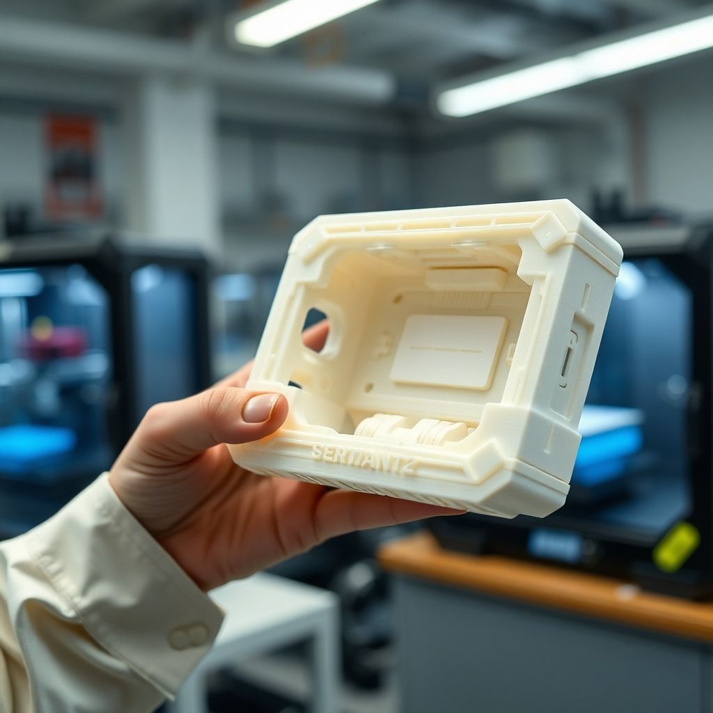 A close-up shot of a sophisticated 3D-printed prototype of a consumer electronic device, showcasing intricate details and smooth finish, held by an engineer in a modern workshop, with blurred background of 3D printers in operation, soft studio lighting, high resolution, photorealistic