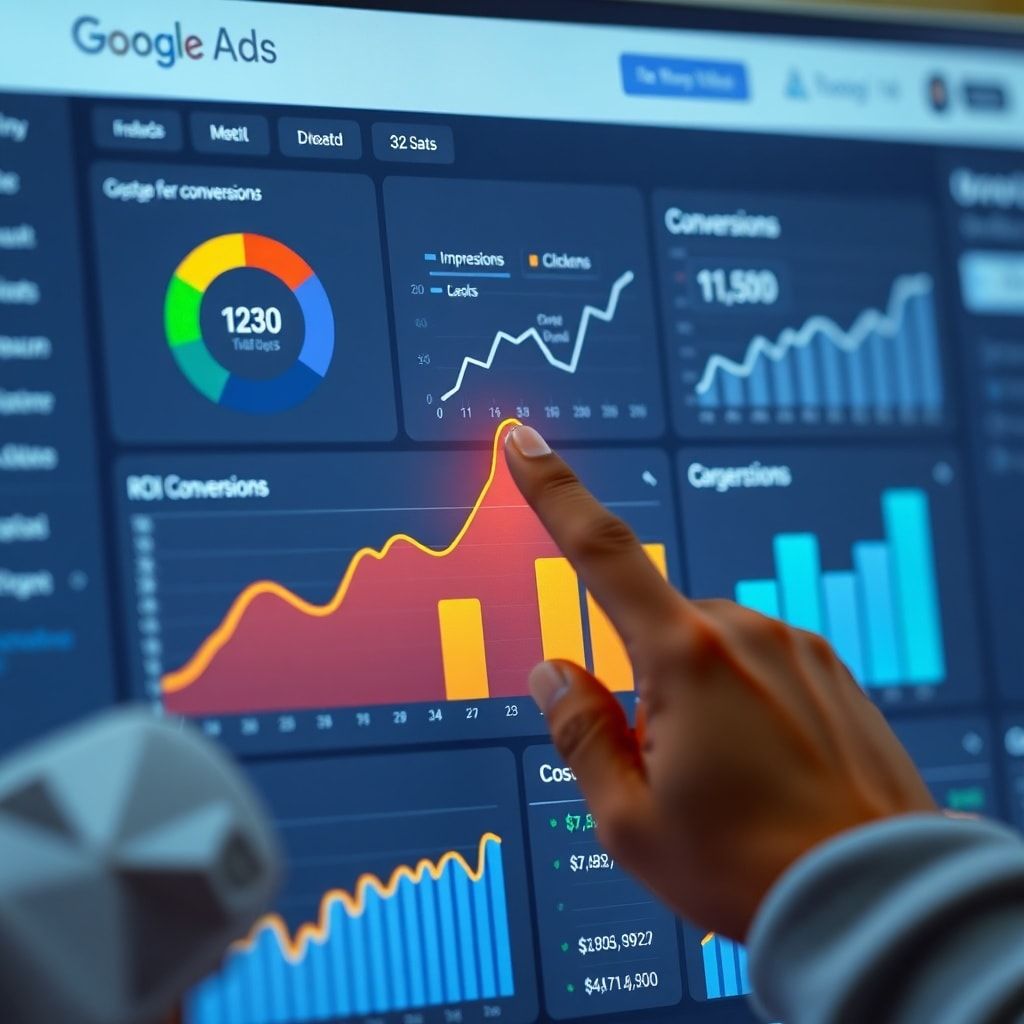 A detailed dashboard showing Google Ads performance metrics with charts and graphs, highlighting an upward trend in ROI. The dashboard features various data points like impressions, clicks, conversions, and cost per conversion, all clearly labeled. A hand is pointing at a section indicating a significant improvement. The overall aesthetic is clean, professional, and data-driven with a slight futuristic touch, vibrant colors, shallow depth of field, 8k quality, photorealistic