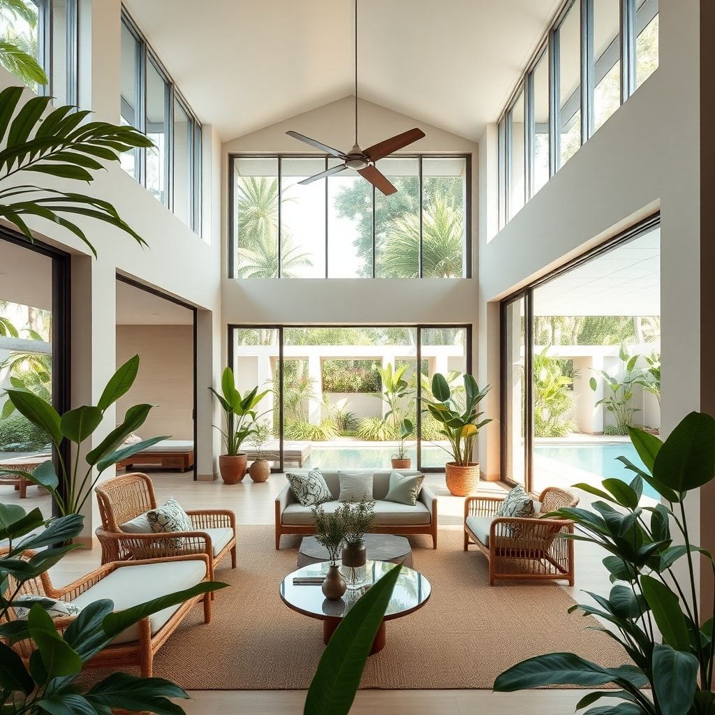 A modern tropical house interior in Surabaya, featuring large open spaces, natural light flooding through wide windows, lush indoor plants, a minimalist living room with rattan furniture, and a cool, airy atmosphere. The color palette is warm and earthy, with pops of green from the foliage. High ceiling and a glimpse of a swimming pool outside. Photorealistic, 8k quality, inviting and serene mood.