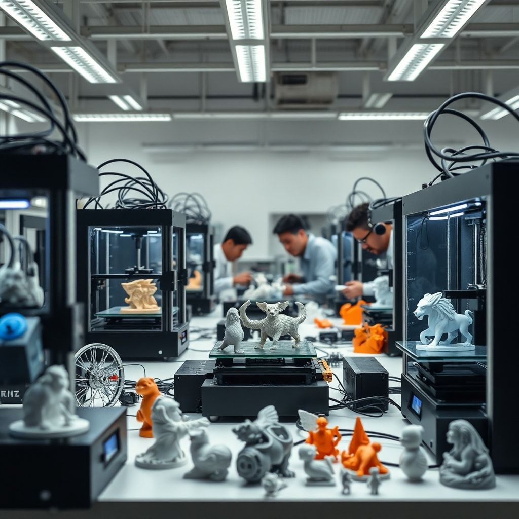 A professional 3D printing workshop with multiple industrial-grade 3D printers in operation, showcasing various materials and prototypes being printed. Bright, organized workspace with engineers observing the process. Focus on speed, precision, and modern technology, cinematic atmosphere, ultra realistic, highly detailed, 8k quality, photorealistic